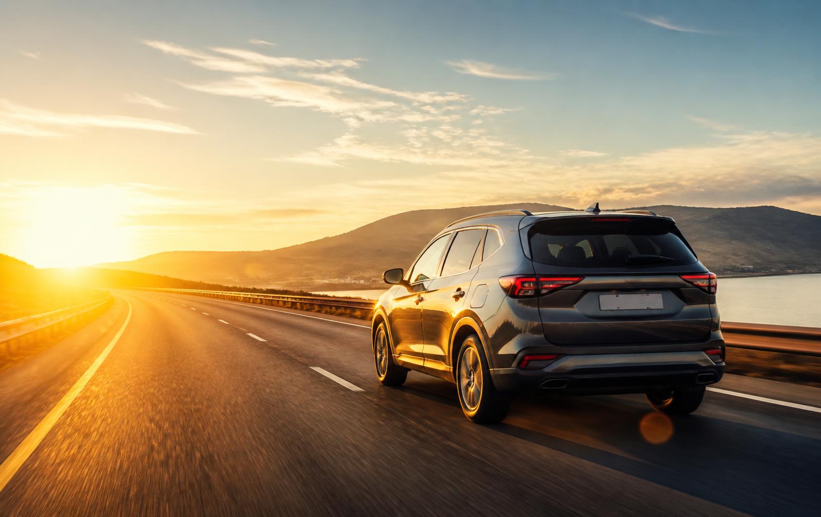 Auto asegurado viajando por la carretera al atardecer